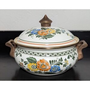 Vintage ASTA Enamelware Covered Five Quart Dutch Oven Brass Knob and Handles